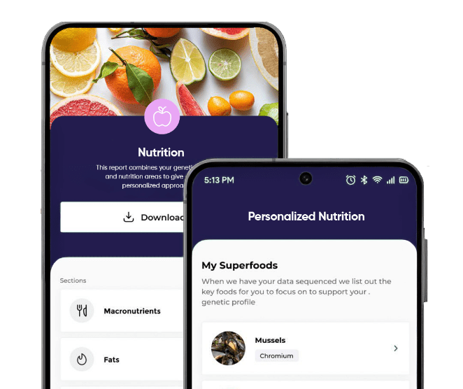 EvoDNA app screens showing personalized DNA nutrition recommendations and superfoods
