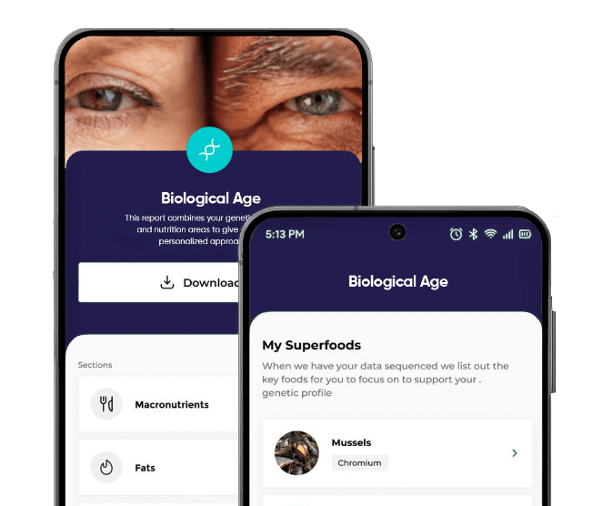 EvoDNA app screens showing biological age estimate and reversal suggestions