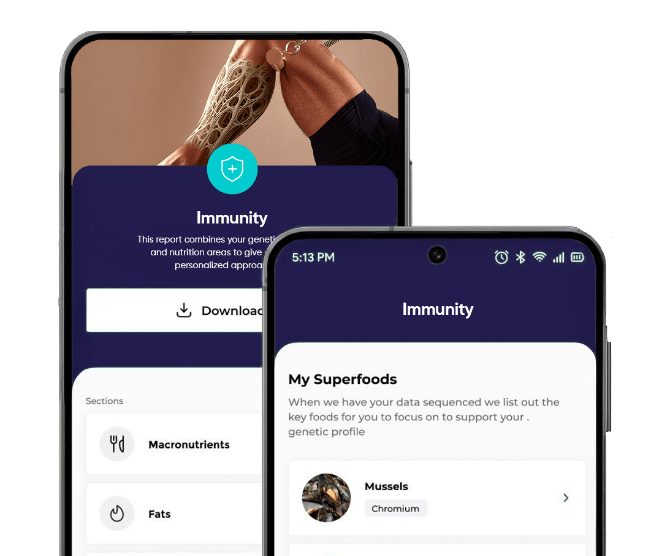 EvoDNA app screens showing immune function, inflammation markers, and support