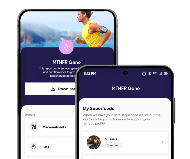 EvoDNA app screens showing MTHFR-related risks and folate/B12 guidance