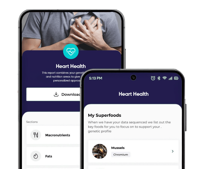 EvoDNA app screens showing cardiac risk markers and prevention plan