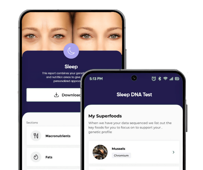 EvoDNA app screens showing chronotype, sleep quality, and melatonin guidance