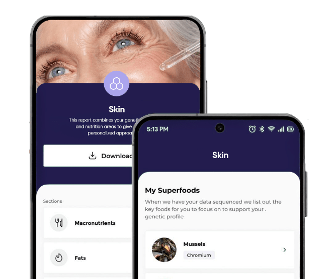 EvoDNA app screens showing skin aging, collagen support, and UV sensitivity