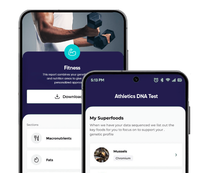 EvoDNA app screens showing fitness traits, VO₂max potential, and recovery tips