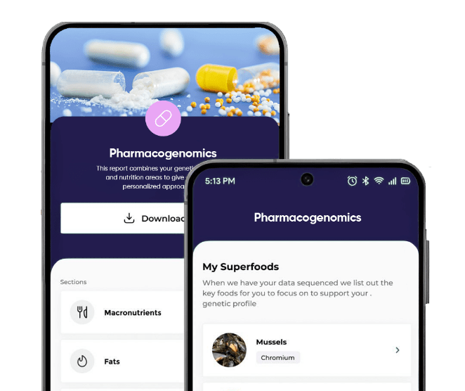EvoDNA app screens showing pharmacogenomic medication guidance and dosing notes