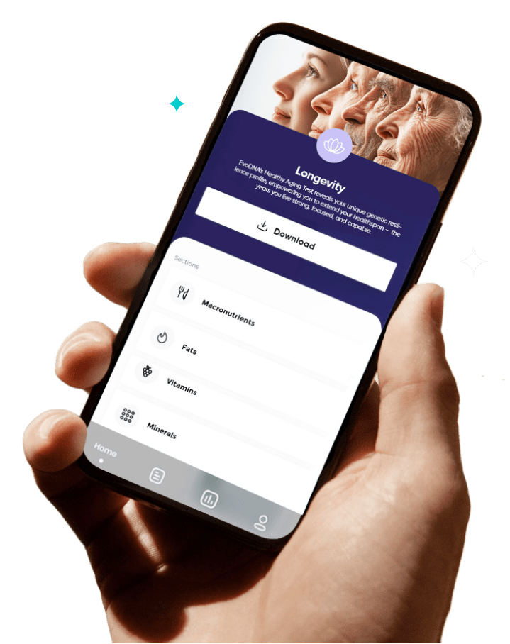 EvoDNA app screens showing longevity markers and healthy aging recommendations