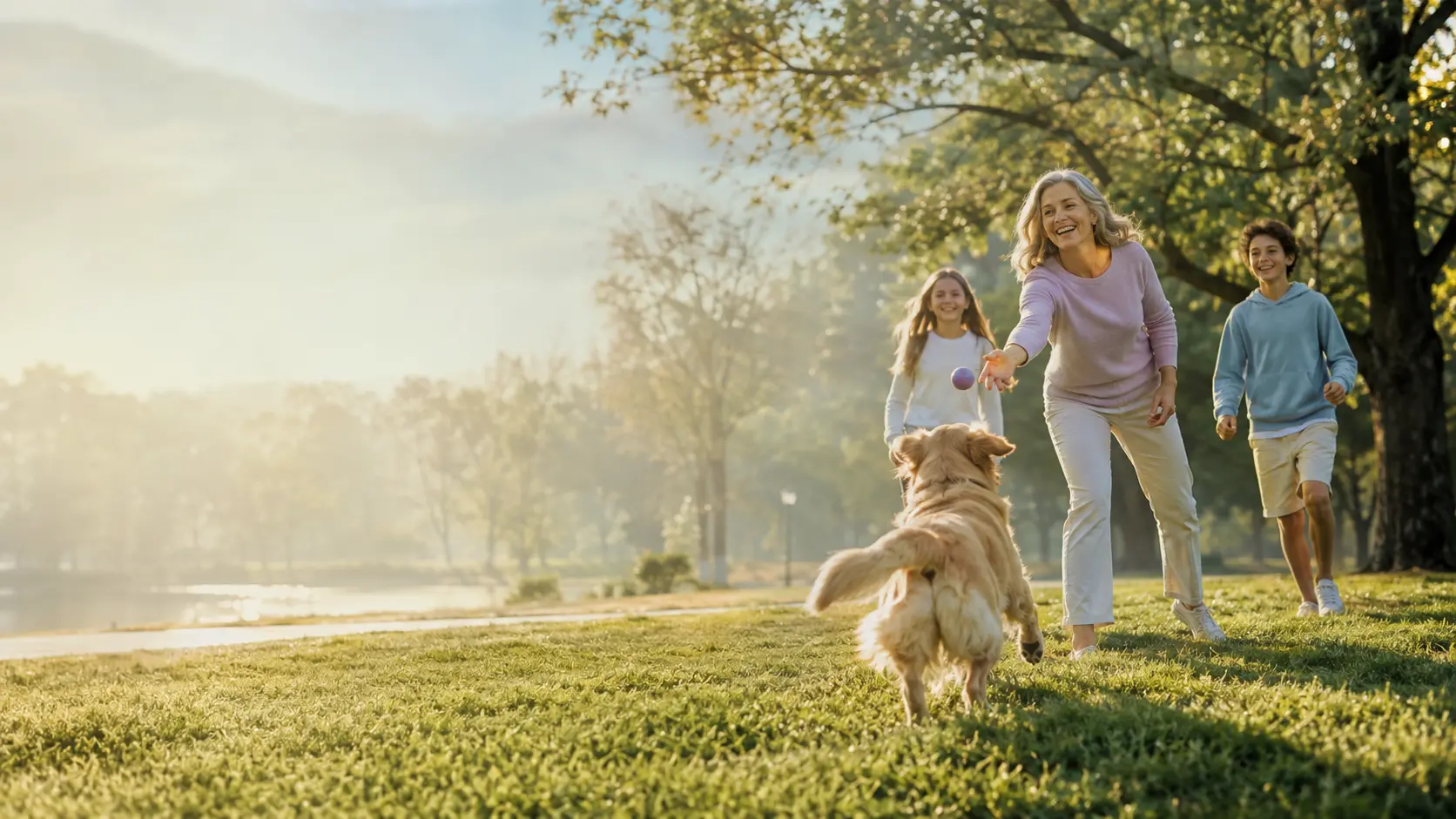 An active woman enjoying an energetic afternoon outdoors with her family and dog