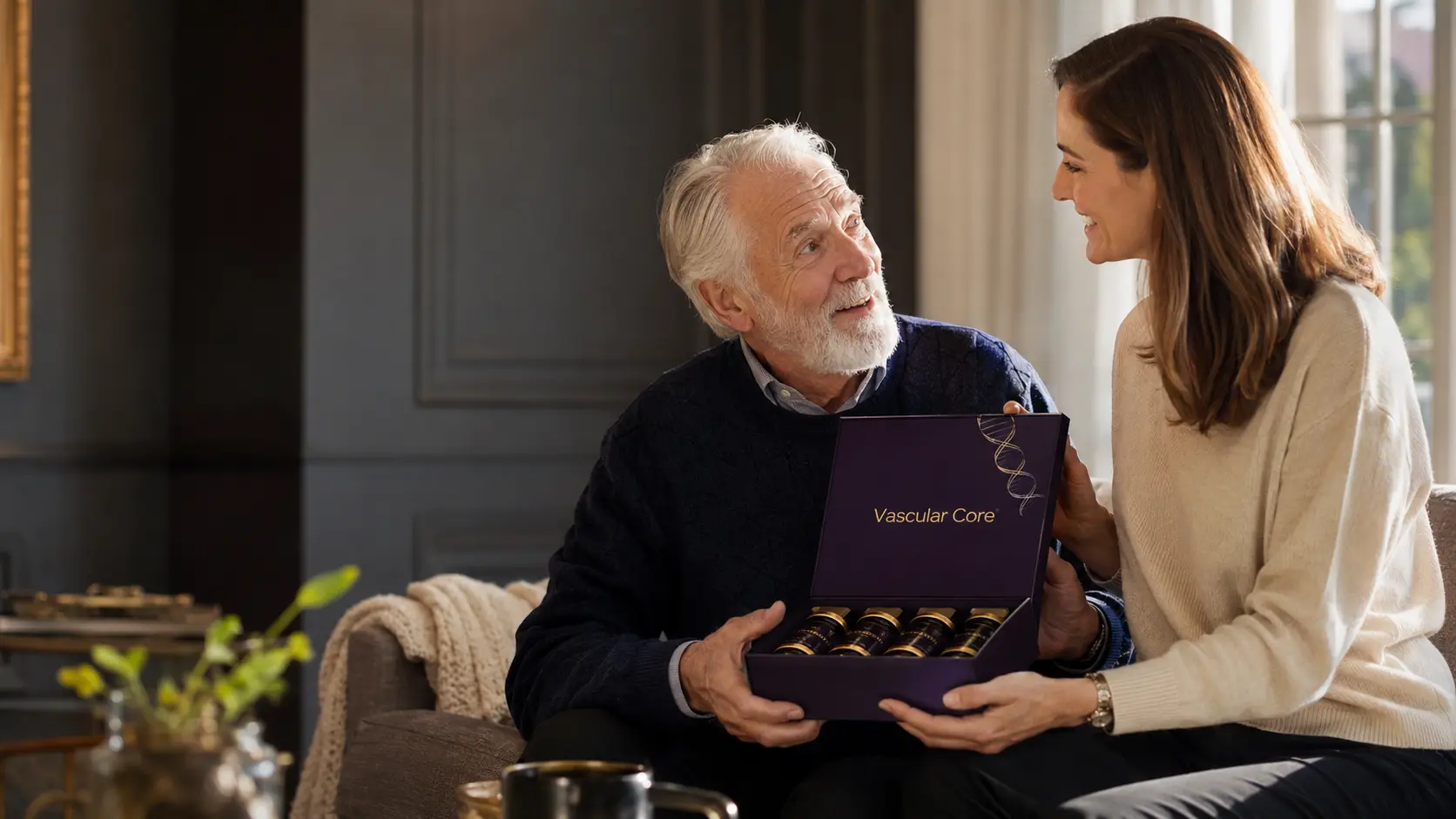 An older man receiving a Vascular Core nutraceutical subscription box from his adult daughter